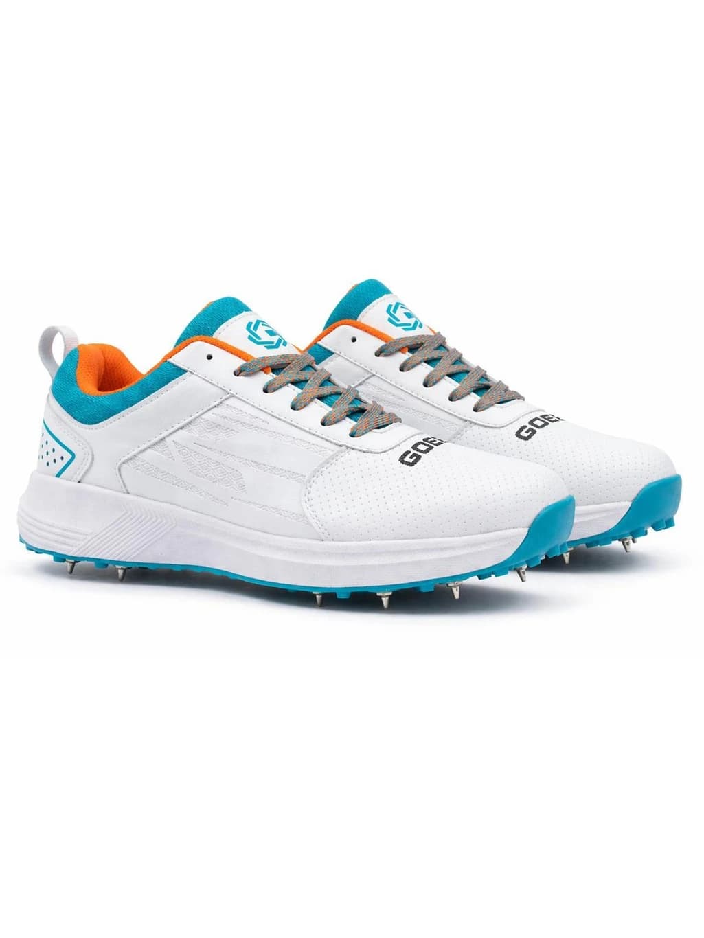 Gowin Tyro Metal Spike Cricket Shoes | White/Island Blue